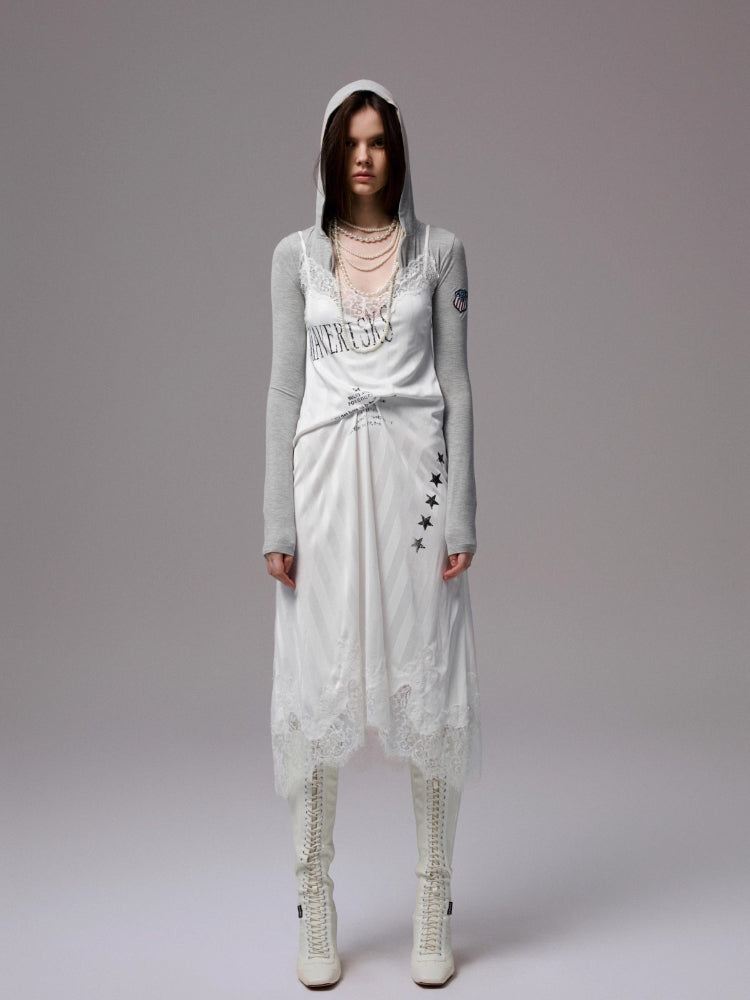 Satin Letter Print Spliced Lace Slip Midi Dress