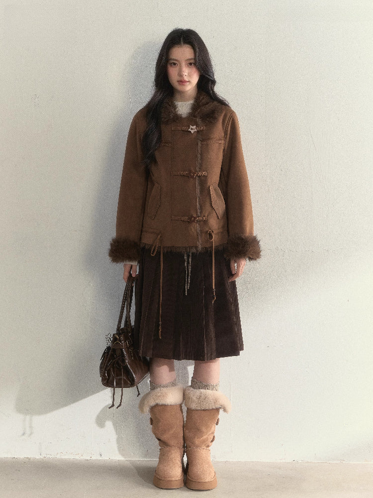 “Chestnut” Double-Waist Pleated Corduroy Skirt