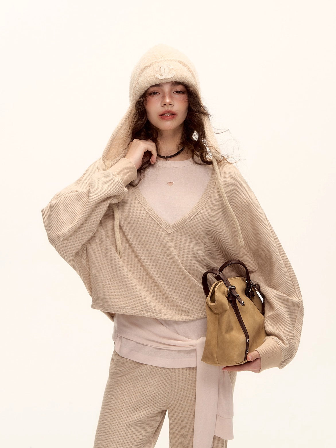 Waffle Knit V-Neck Pullover & Tie Vest Set with Wide-Leg Pants