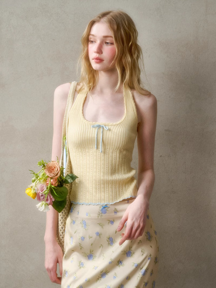 Hollow-out Color-blocking Knit Top