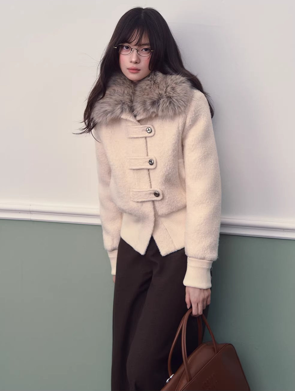 Cream Faux Fur Collar Down Jacket