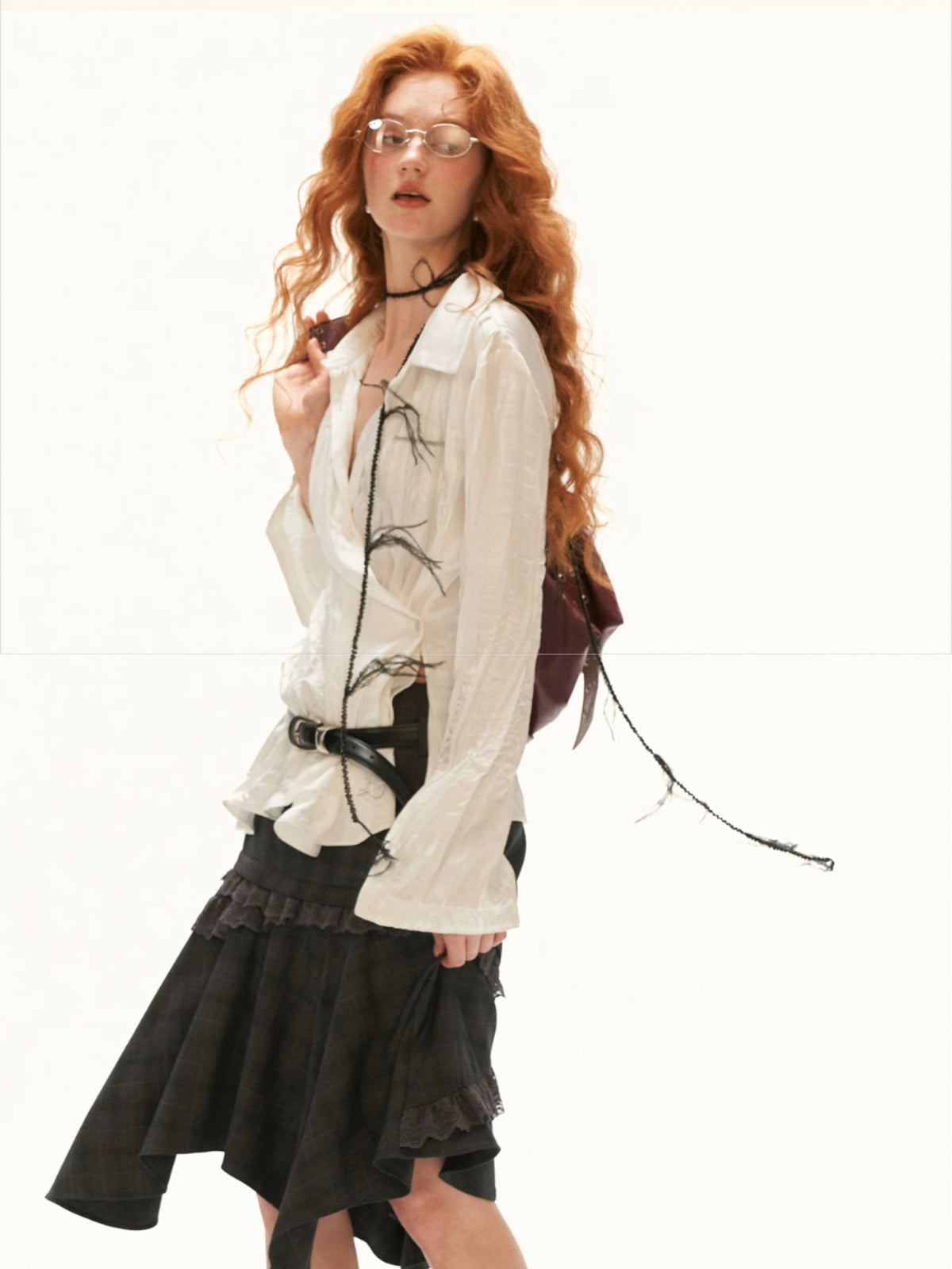 Textured Pleated Collar Long Sleeve Blouse