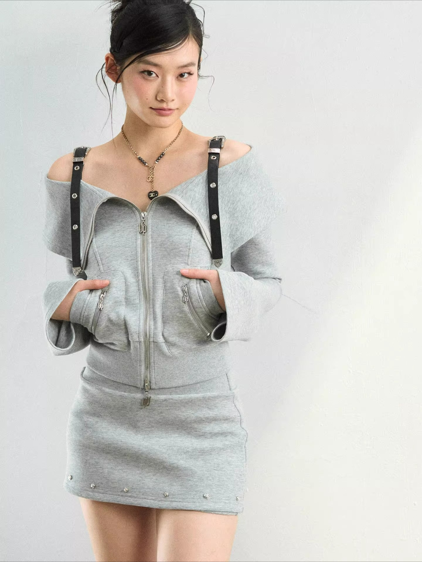 Off-Shoulder Sweatshirt Studded Skirt Set