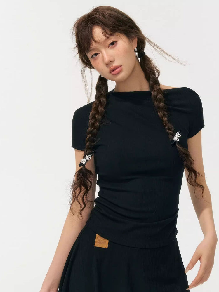 One Shoulder Irregular Slanted Pleat T-shirt & Pants Set