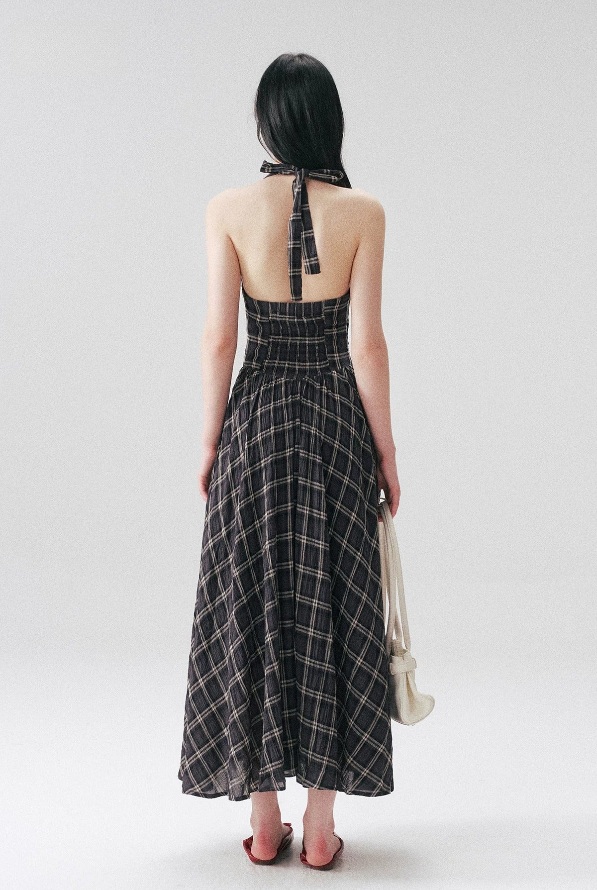 Vintage Plaid Halter Backless Midi Dress
