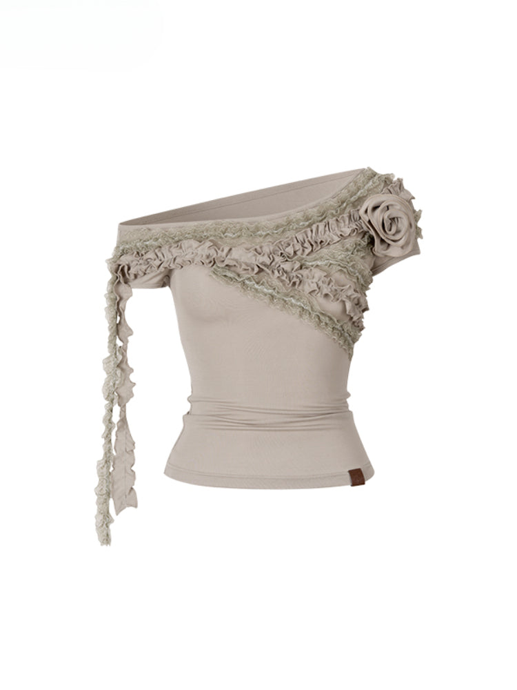Lace-trimmed Flower Asymmetric T-shirt