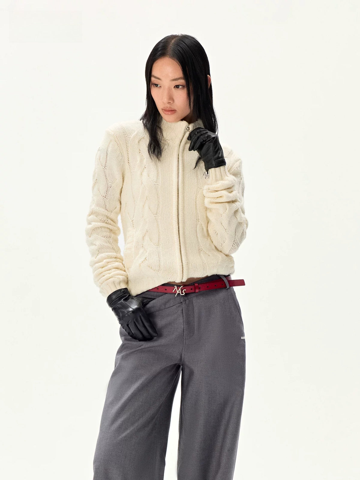 Wool Cable Knit Mock Neck Sweater