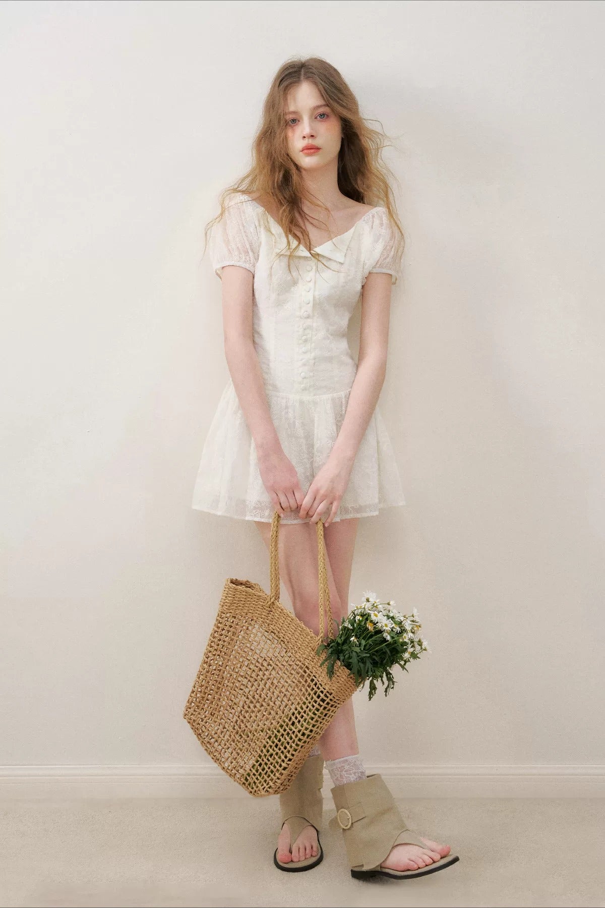 Apricot Floral Embroidered Puff Sleeve Dress