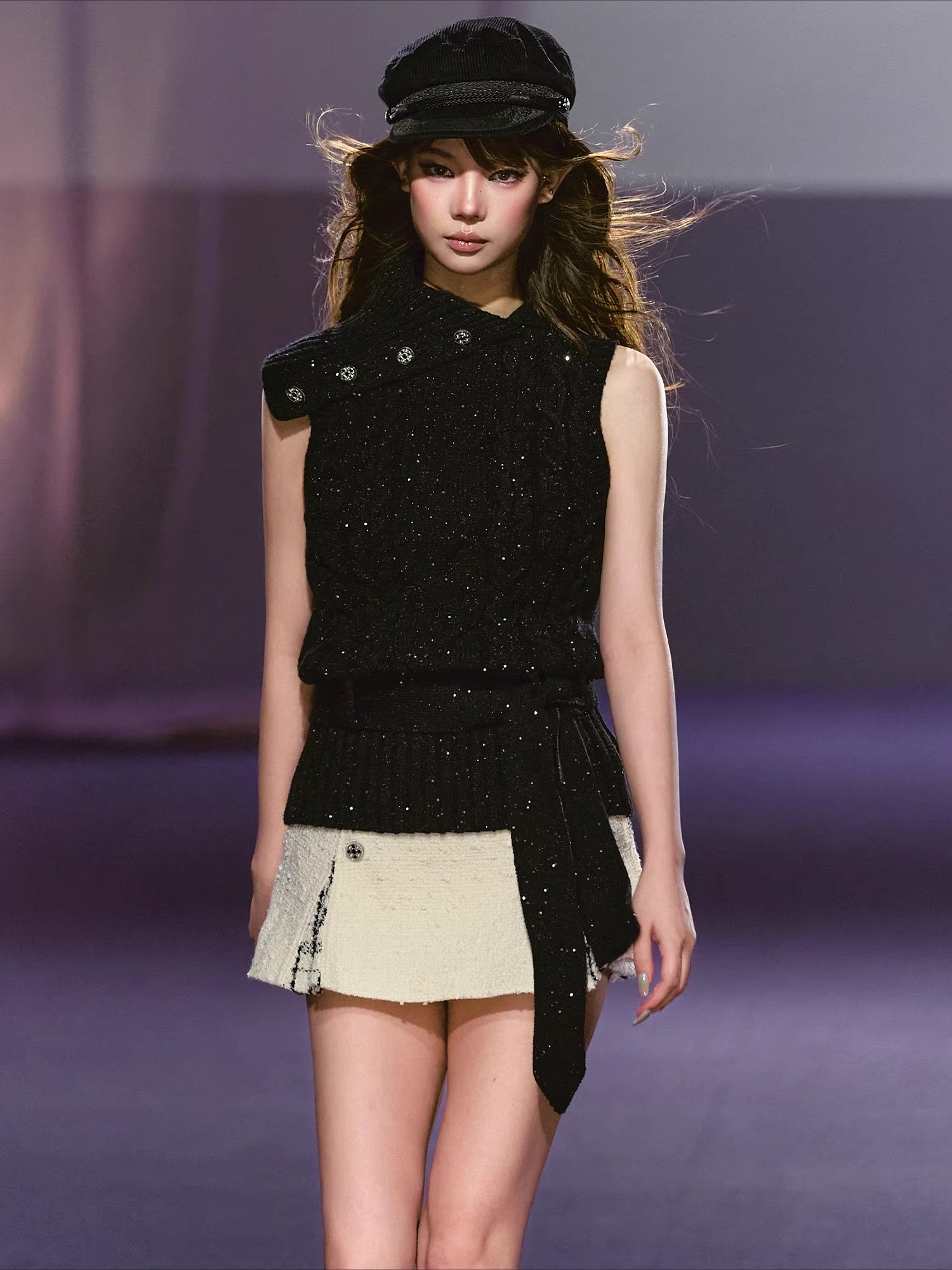 Black Sequin Cable Knit Vest