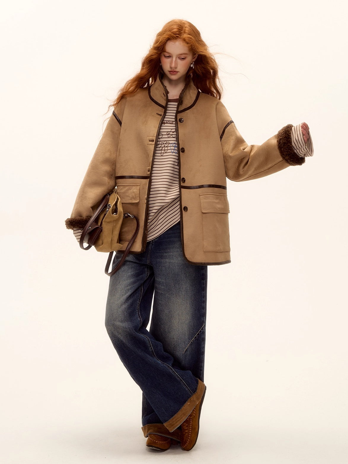 Suede Patchwork Cat-Whisker Wide-Leg Jeans