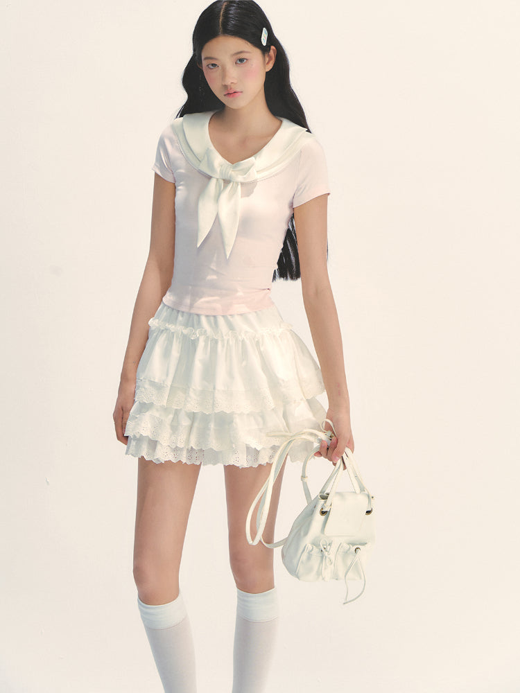 Bow-neck Contrast-color Skin Friendly Cotton T-shirt