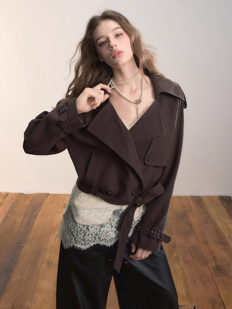 Short Double-Breasted Belted Trench Jacket