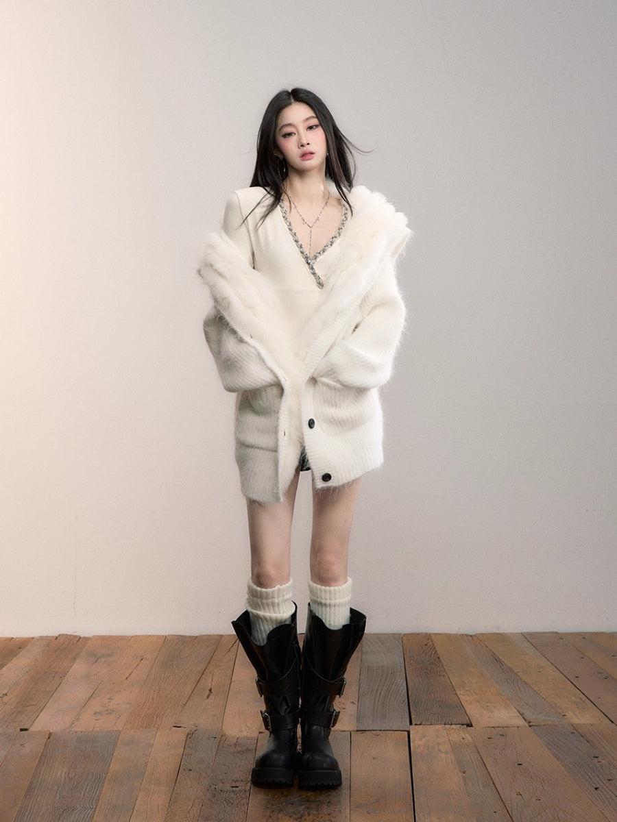 Fox Fur Large Notch Collar Cardigan