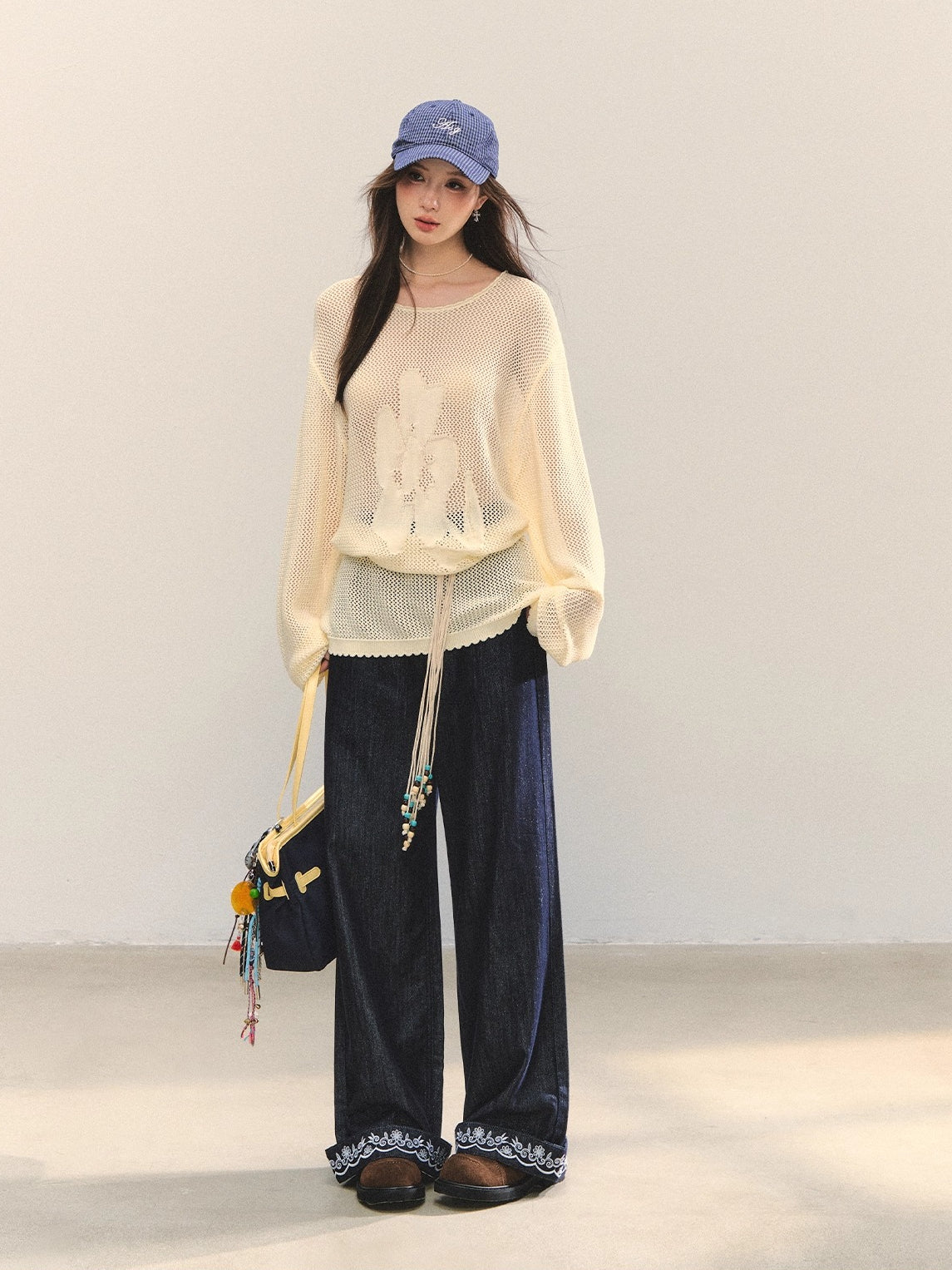 Navy Blue Boho Embroidered Belted Jeans