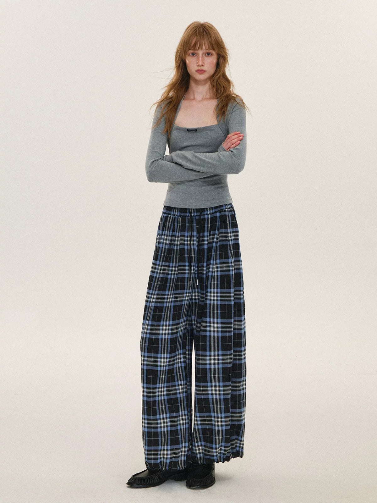 Vintage Plaid Drawstring Balloon Pants