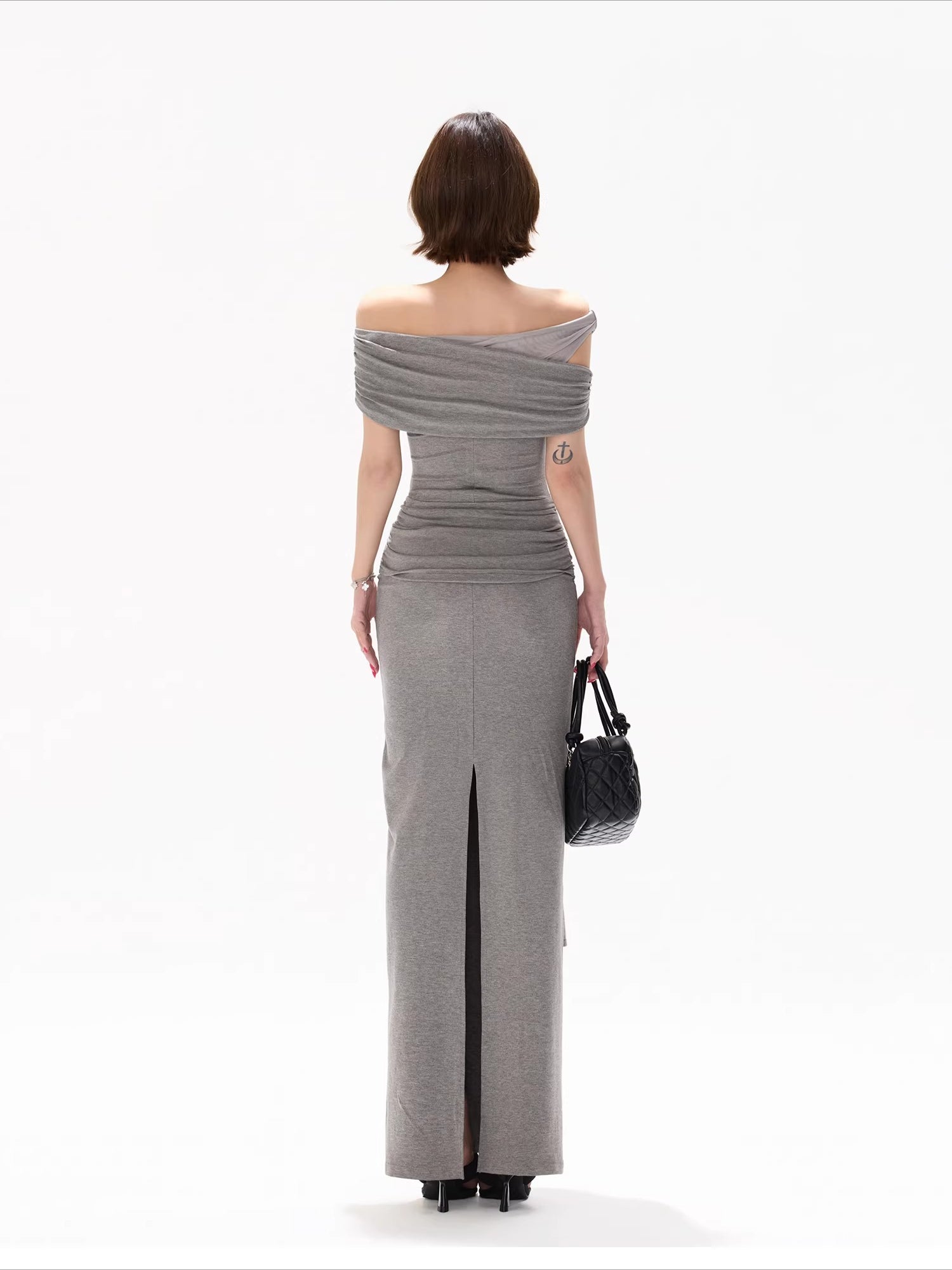 Gray Off-Shoulder Drape Dress