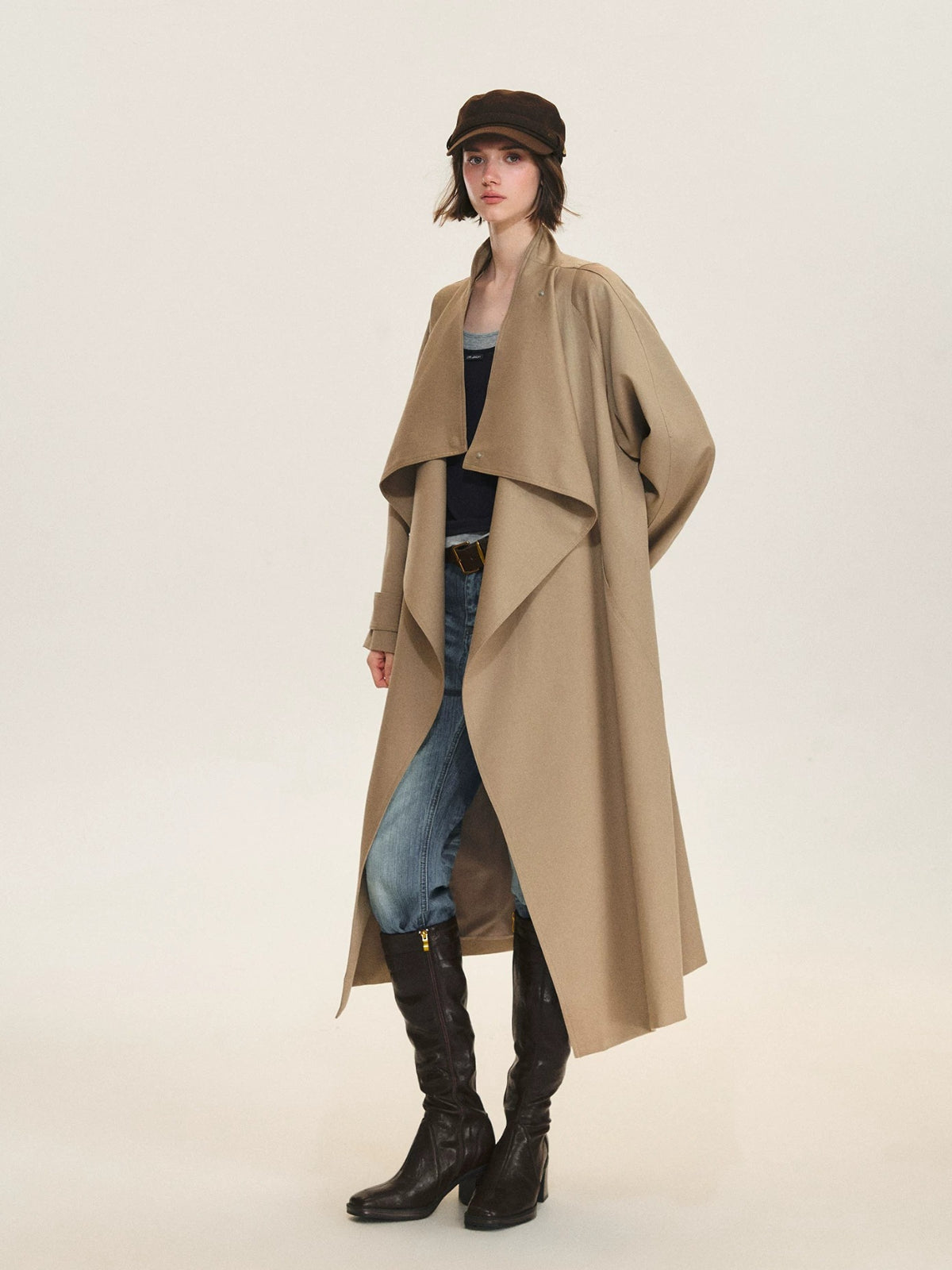 Khaki Waterfall Collar Trench Coat