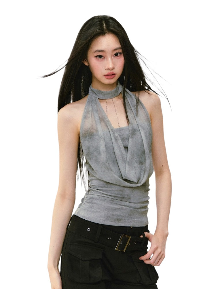 Chain Swing-neck Halter Neckline-gathered Waist Tank Top