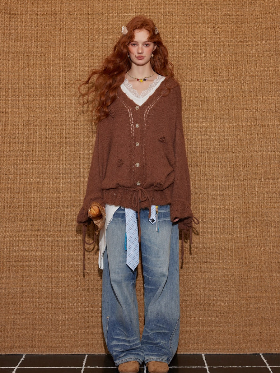 V-Neck Floral Tie Wool-Blend Knit Cardigan