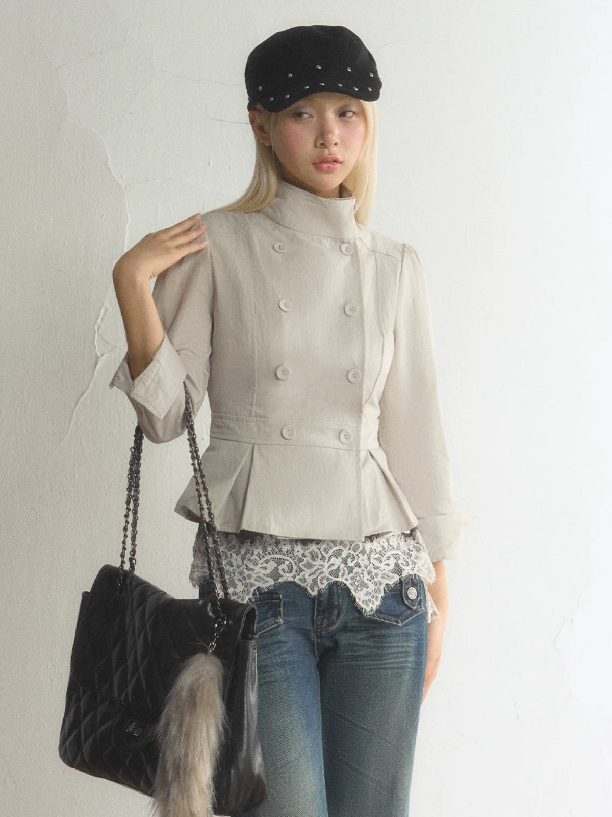 Vintage Stand Collar Peplum Jacket