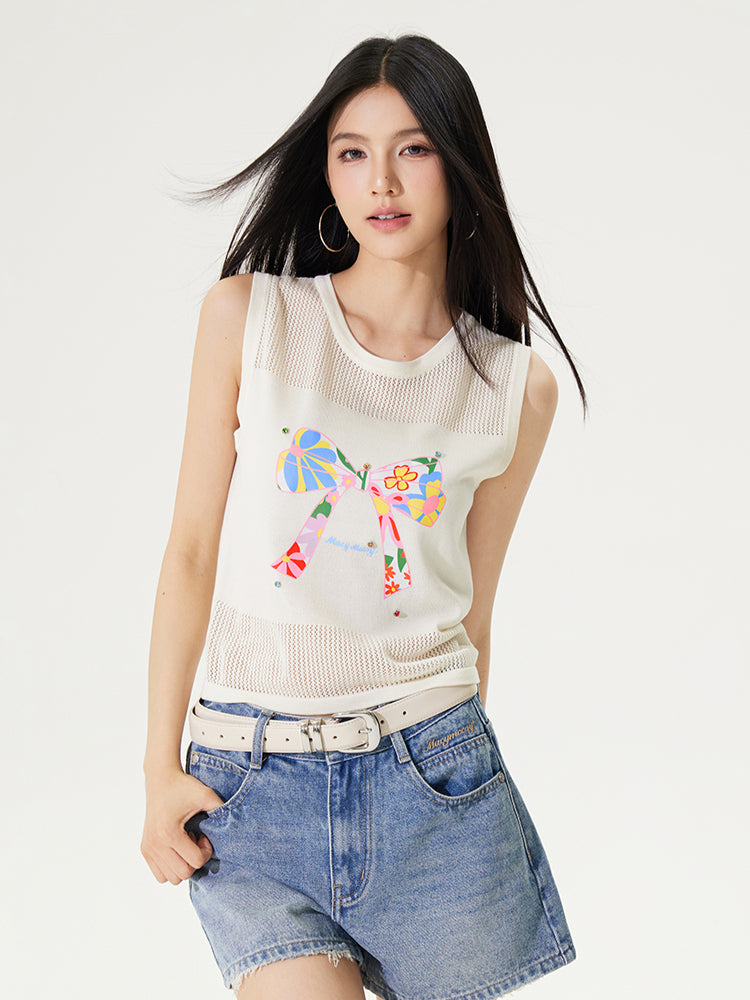 Bowknot Hollow Out Tencel Tank Top