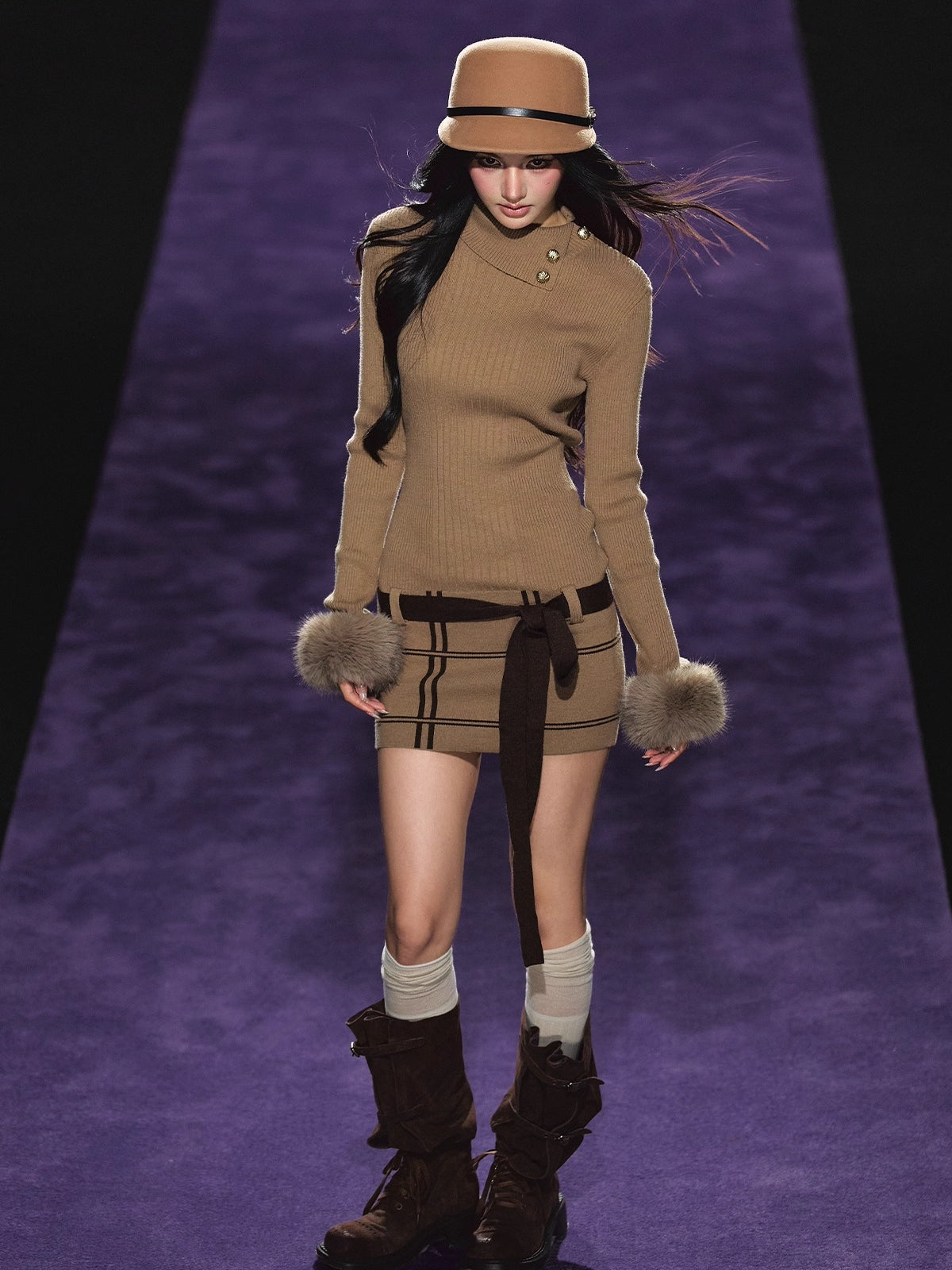 Turtleneck Fuzzy-Cuff Knit Dress