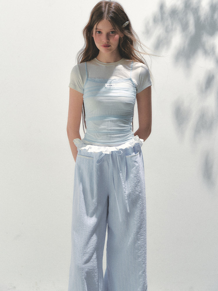 Contrast Color Fake Two-piece Mesh Lace Short-sleeve T-shirt