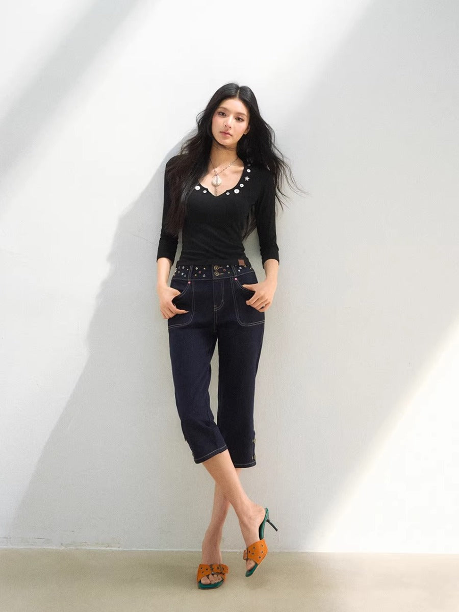 Embellished V-Neck Knit Top