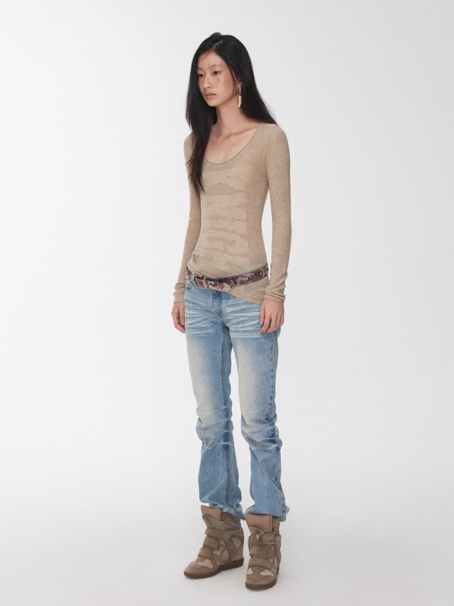 Vintage Pleated Washed Denim Curved Jeans