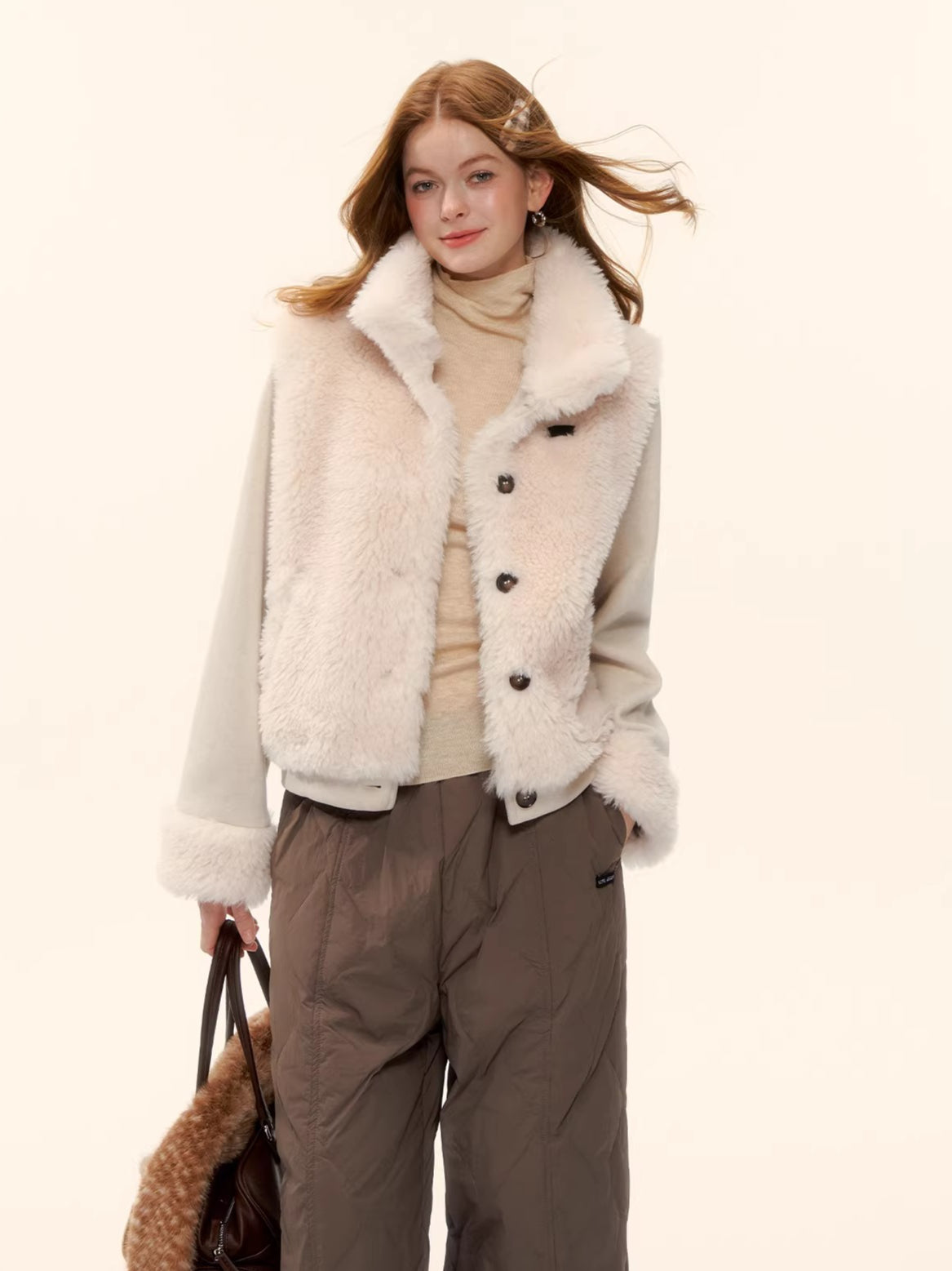 Eco-Faux Fur Knit Stand Collar Jacket