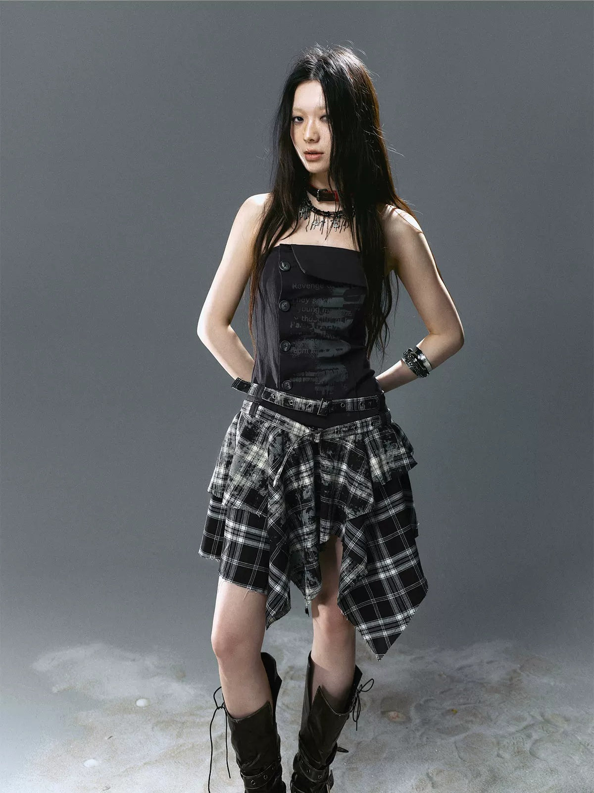 Graffiti Ruched Plaid Bustier Dress