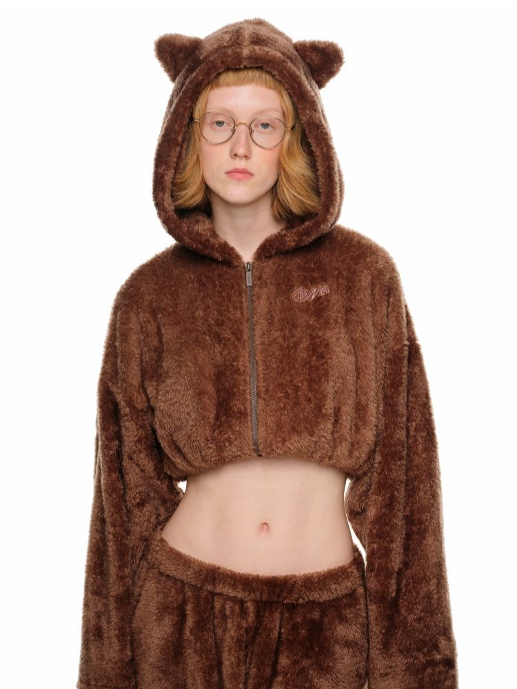 White & Brown Cat-Ear Hoodie Set