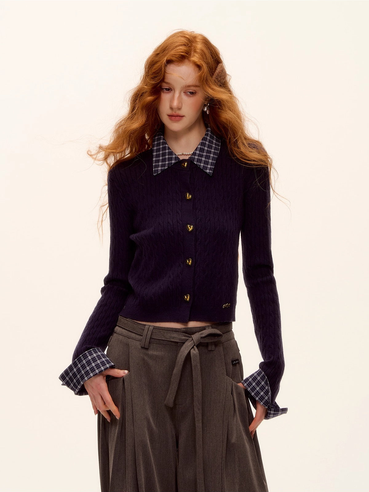 Plaid-Collar Cable Knit Top