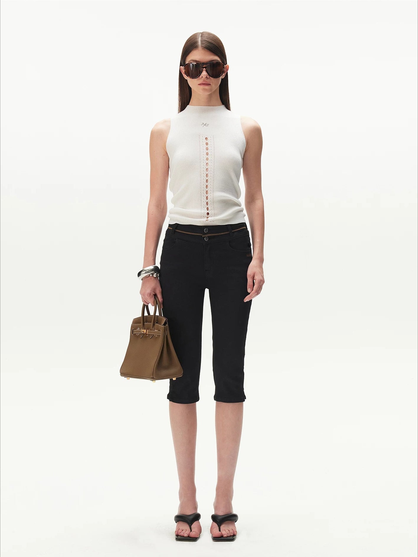Contrast-Panel Capri Denim Shorts