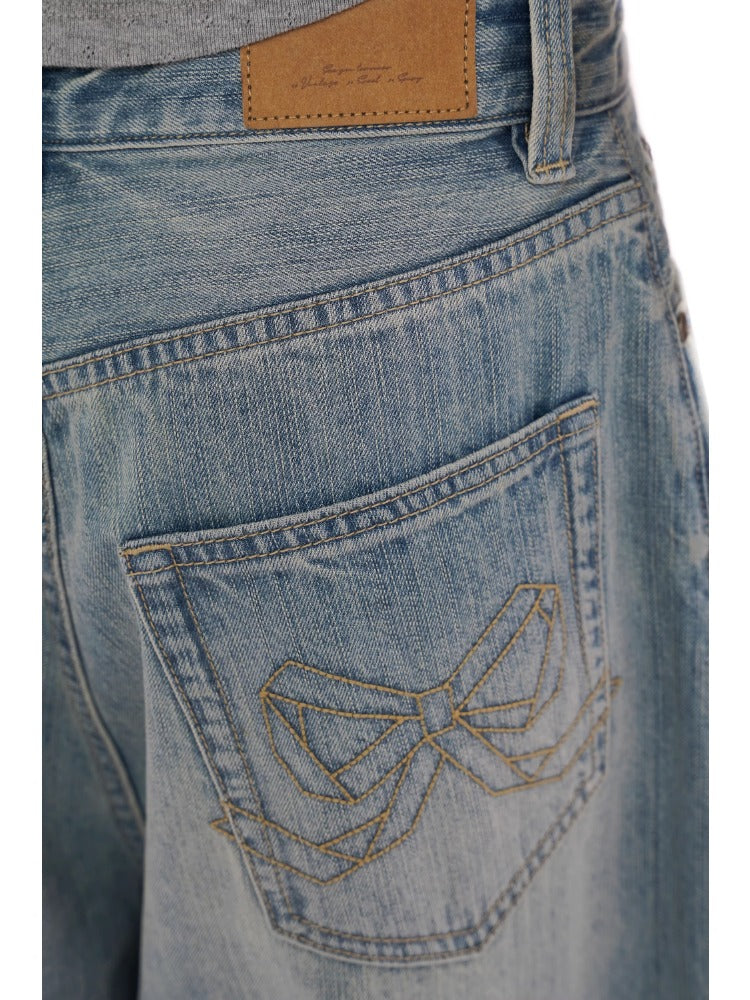 Rhinestone Pocket Embroidered Denim Capri Shorts/Long Pants