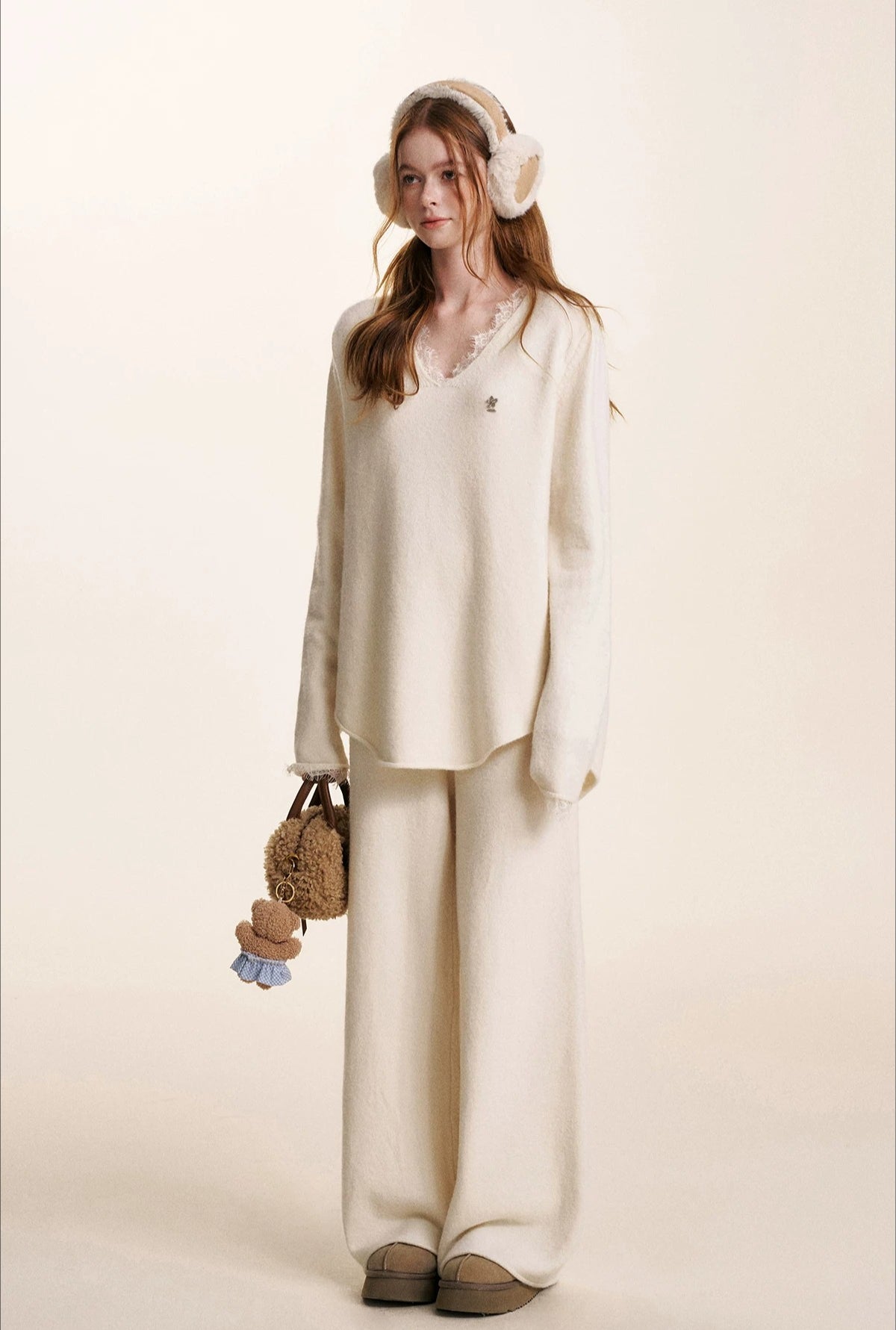 Cream V-Neck Knit Set
