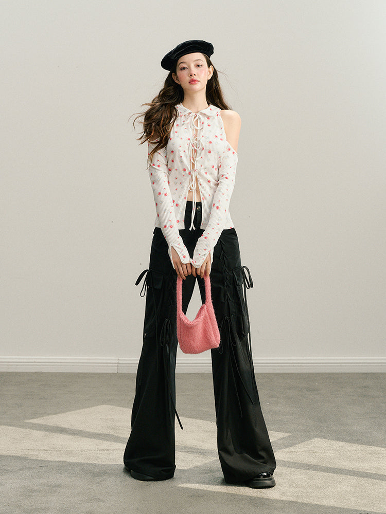 Black & White Off-Shoulder Tie-Back Knit Cardigan