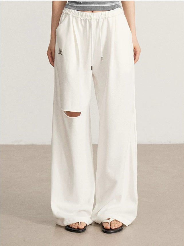 Gray & Beige Distressed Wide-Leg Pants