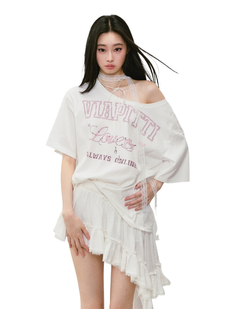 Off-shoulder Letter Hollow-out Spliced T-shirt