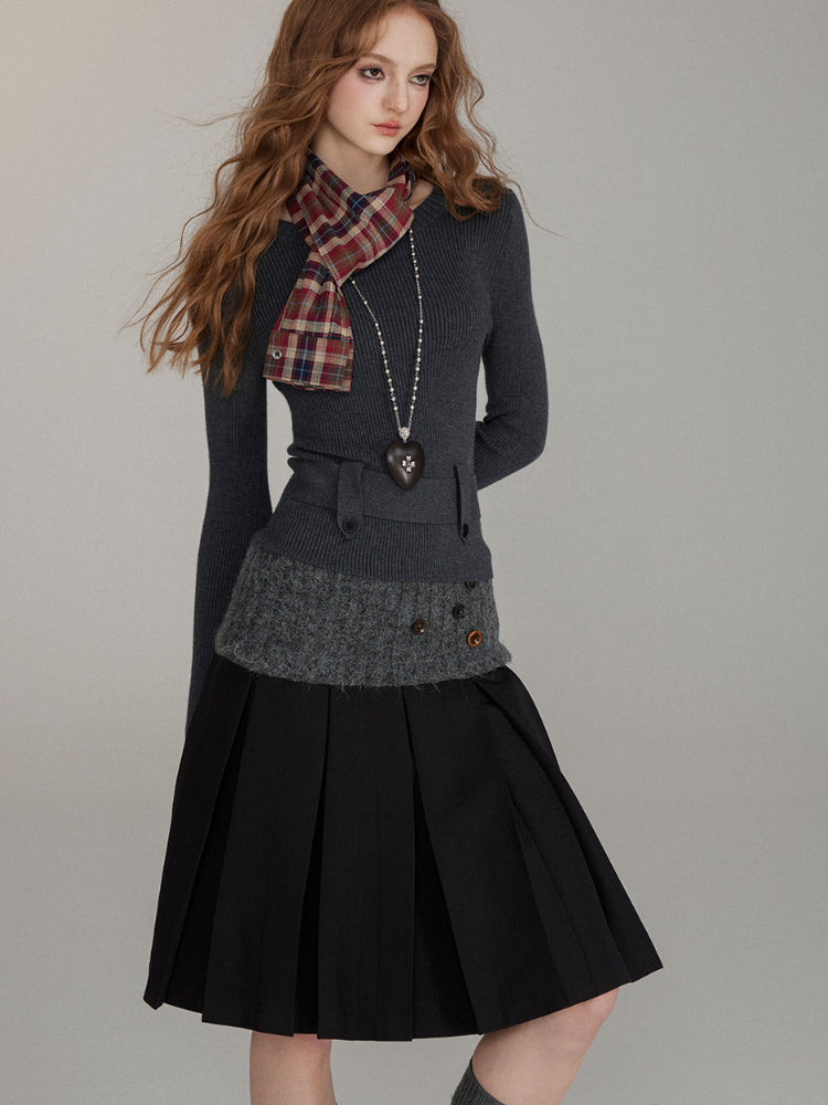 Patchwork Button Wool Pleated Skirt