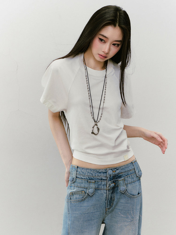 Large-sleeve Waist-fitted Crew Neck T-shirt