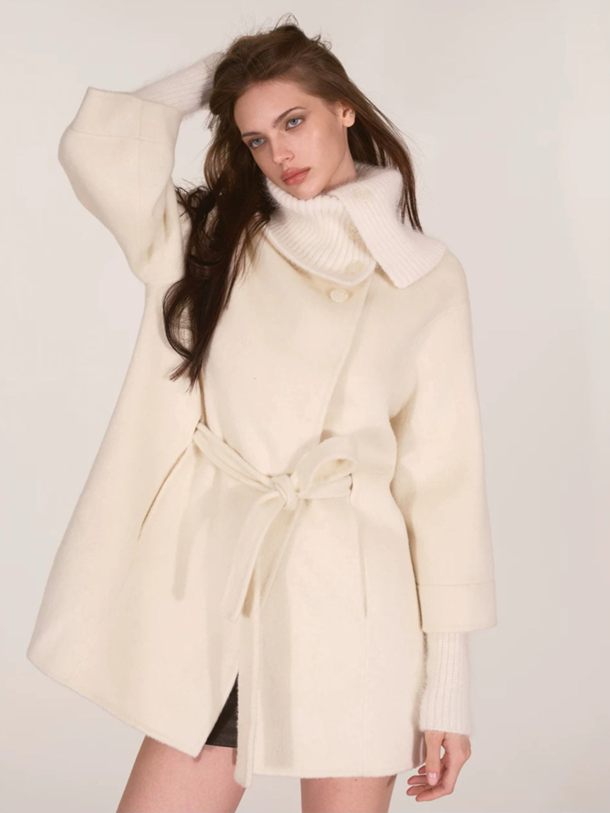 Asymmetric Collar Belted Wool Coat