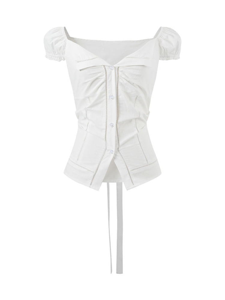 Lapel Waist-Cinching Lace Elastic Shirt