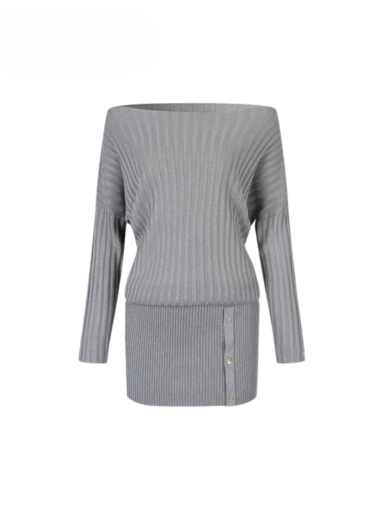 Off-Shoulder Slant Shoulder Button Dress