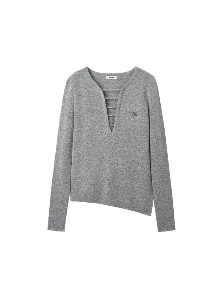 Deep-V Asymmetric Hem Knit Top