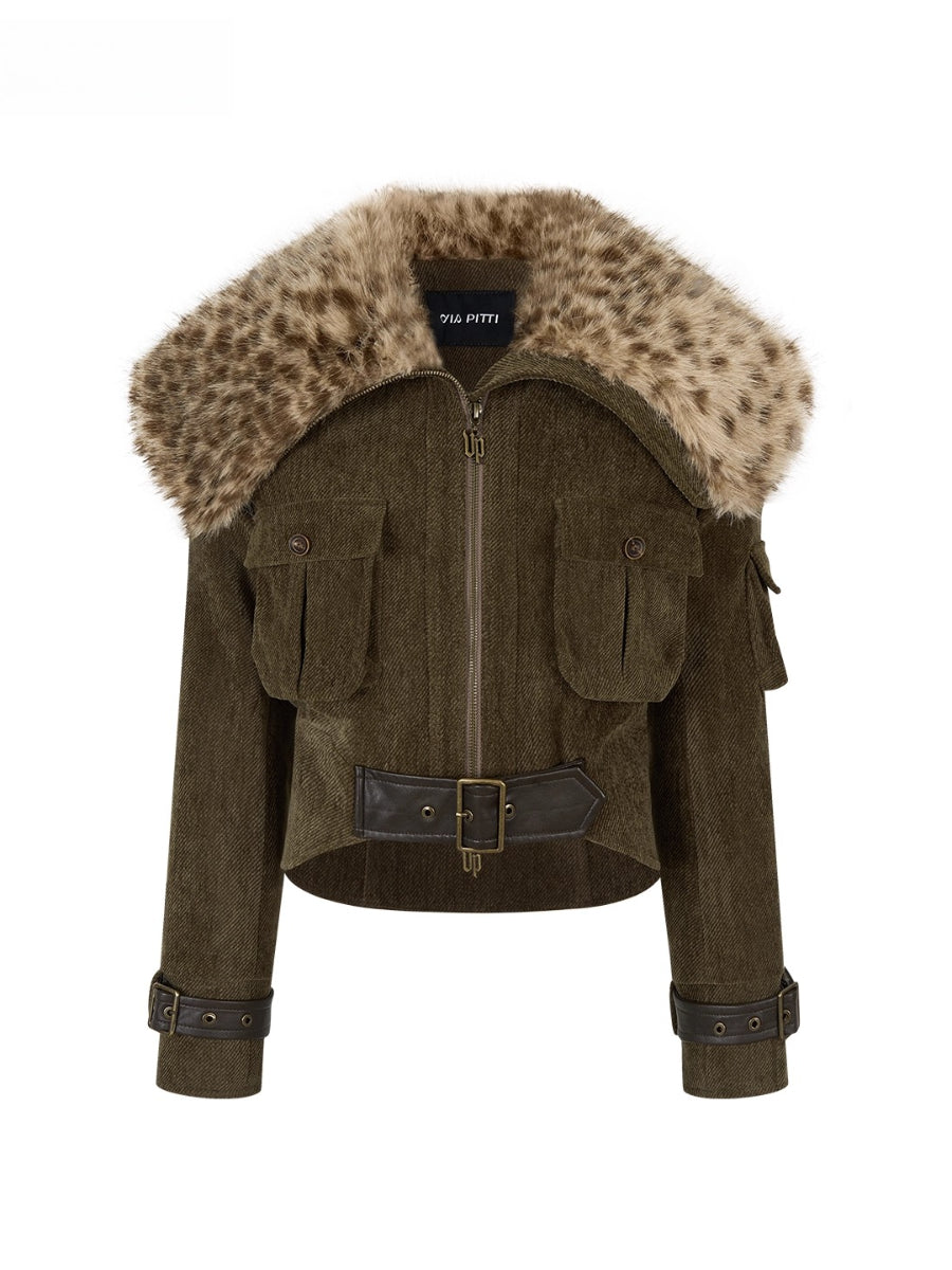 Leopard Print Oversized Fur Collar Thickened Coat