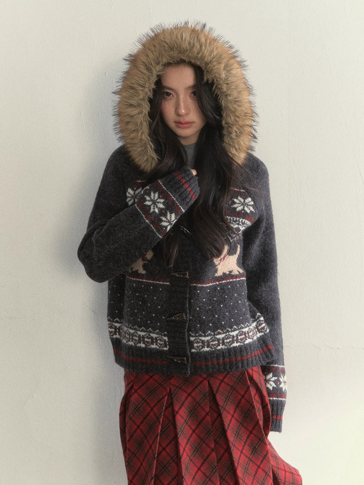 Fair Isle Dog Fur-Collar Cardigan