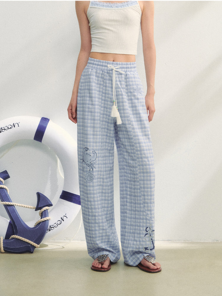 Checkered Print High-Waist Tie Pants