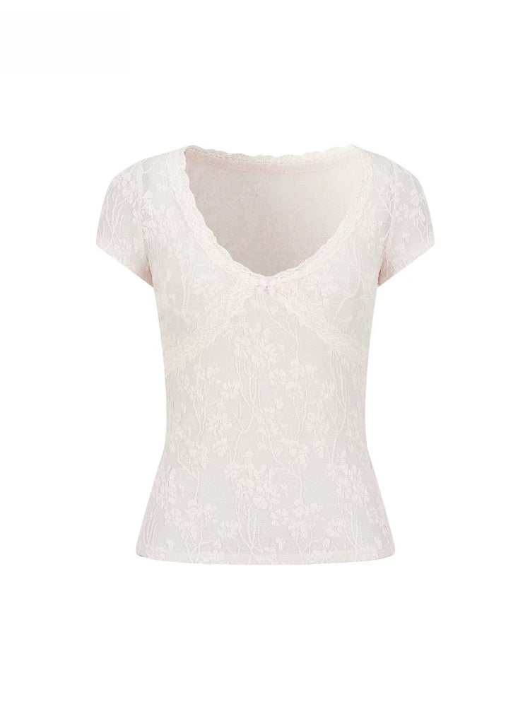Pink & Green Lace Knit V‑Neck Tee