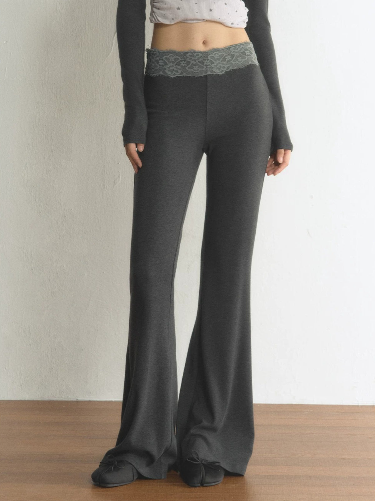 Lace Waist Soft Knit Flared Pants
